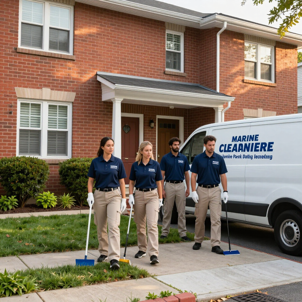 Four uniformed cleaning workers stand outside a brick house beside a service van.