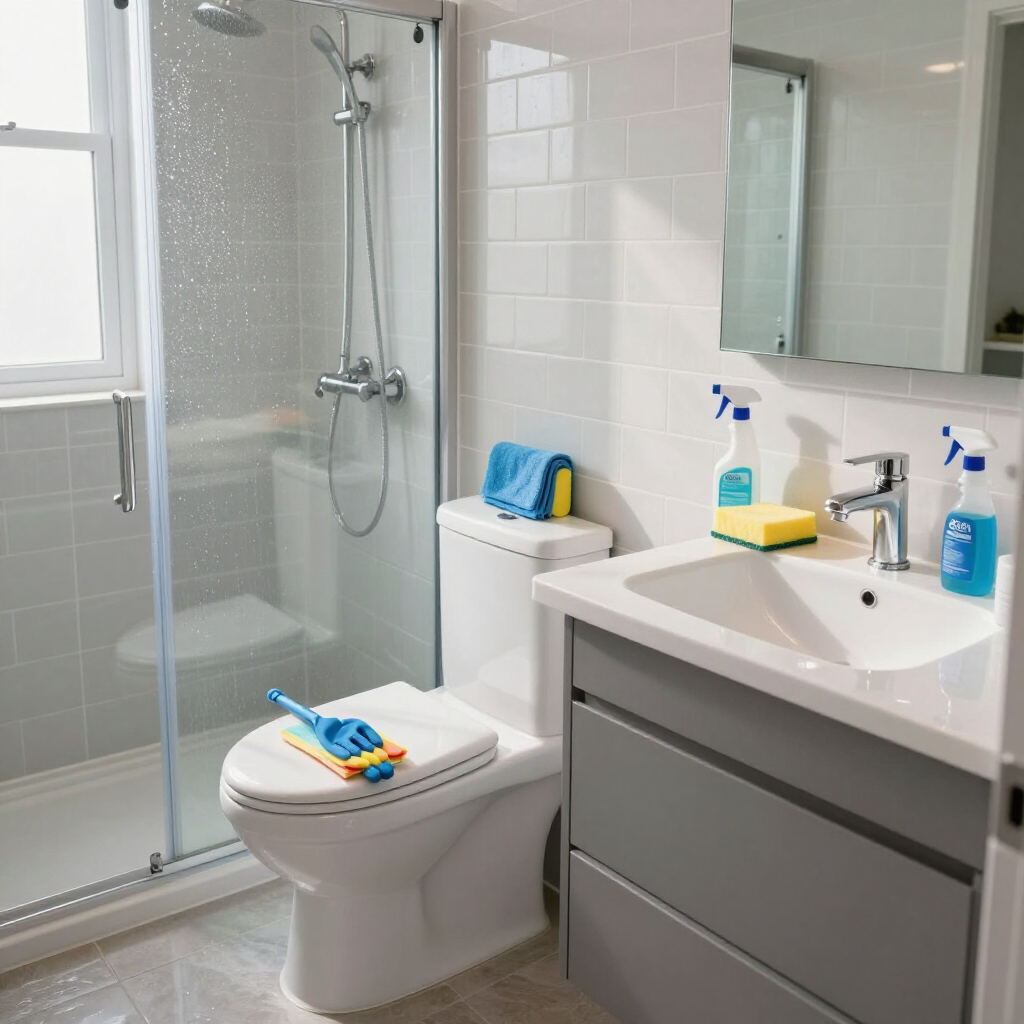 Modern bathroom with glass shower, white toilet, sink, mirror, and blue cleaning supplies