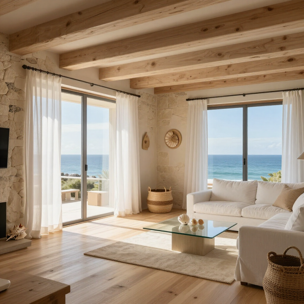Bright seaside living room with white sofa, wooden beams, and large windows overlooking the ocean.