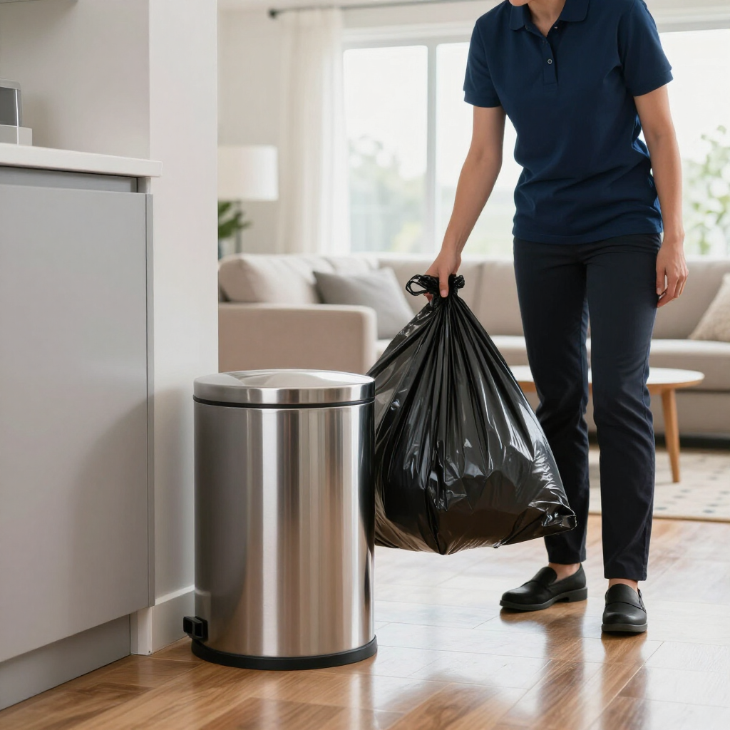 Person carrying a black trash bag beside a stainless steel kitchen trash can in a bright home kitchen