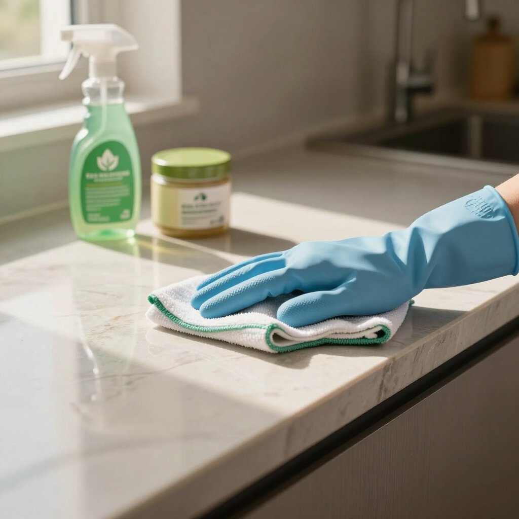 Blue-gloved hand wiping a kitchen countertop with a cloth beside cleaning spray and a jar