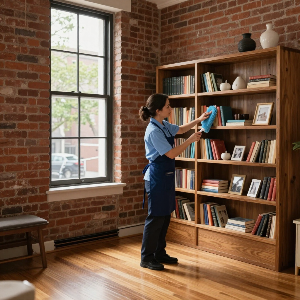 Person in a blue shirt shelving books in a sunlit brick-walled library.