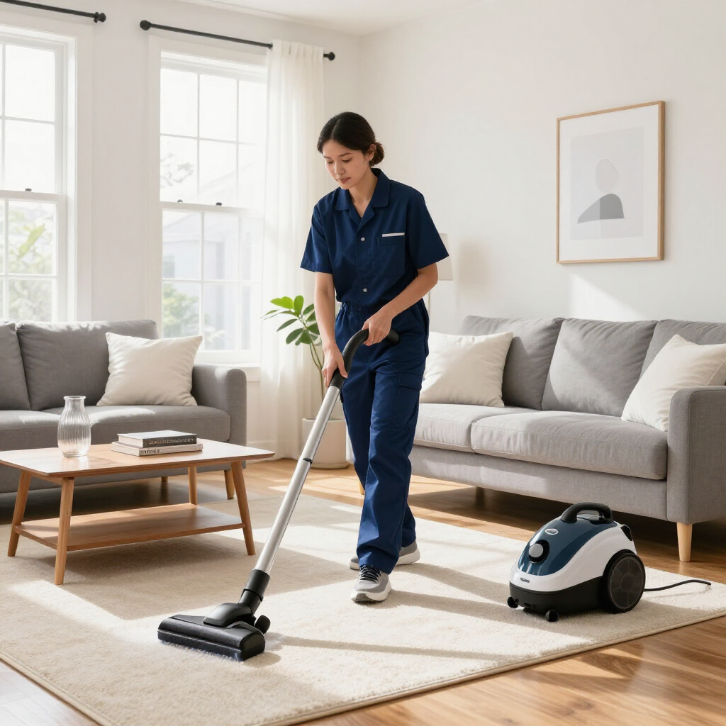 Person vacuuming a bright living room with a stick vacuum while a robot vacuum sits nearby
