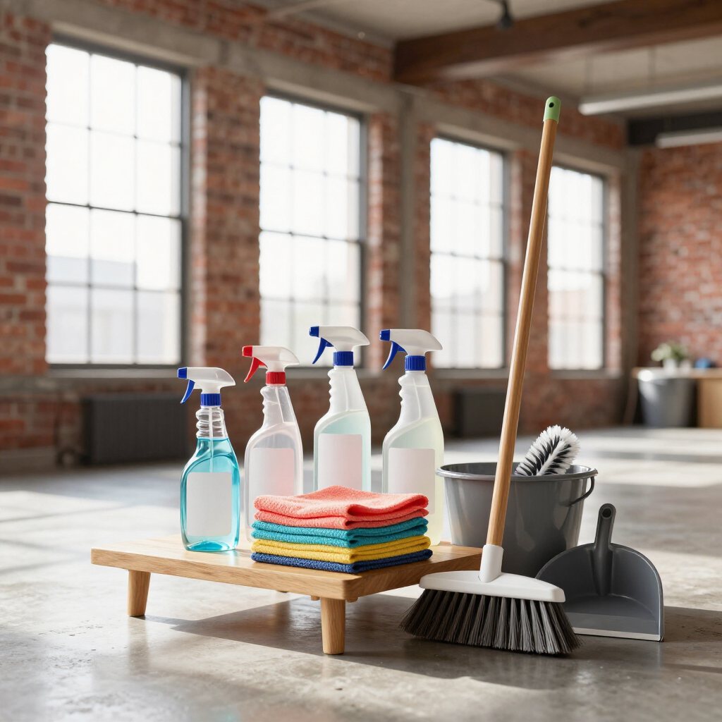 Cleaning supplies and tools on a wooden table in a brick-walled room with large windows.