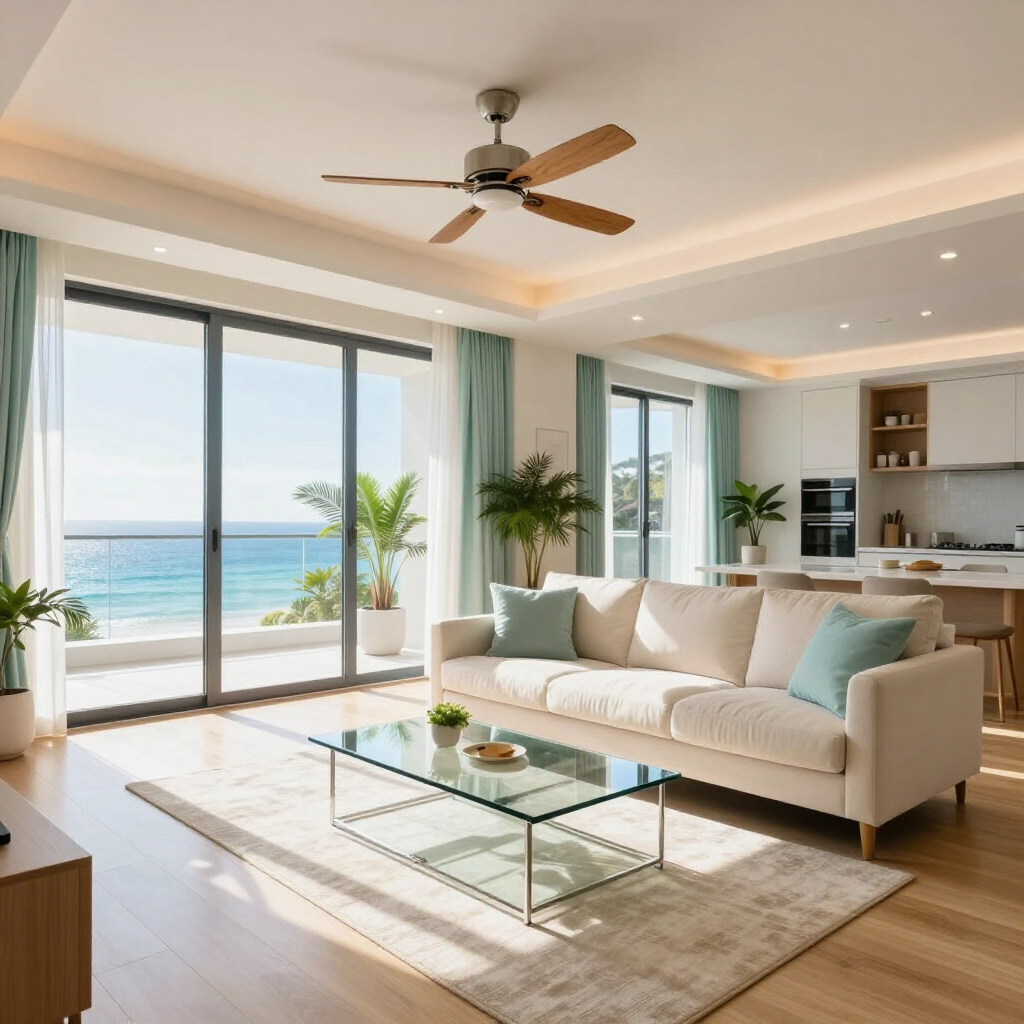 Bright modern living room with beige sofa, glass table, and ocean view through large windows