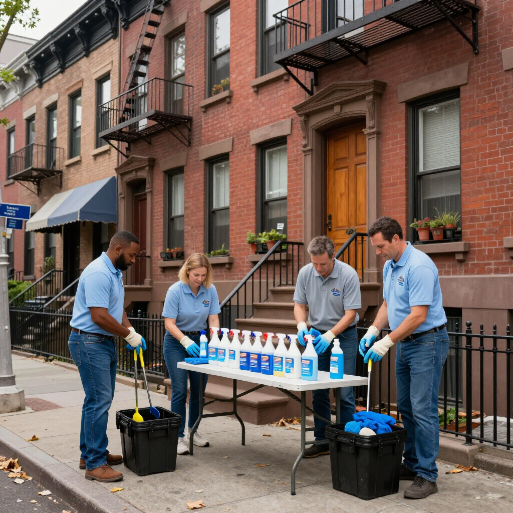 Four volunteers setting up cleaning supplies on a sidewalk outside brick row houses.