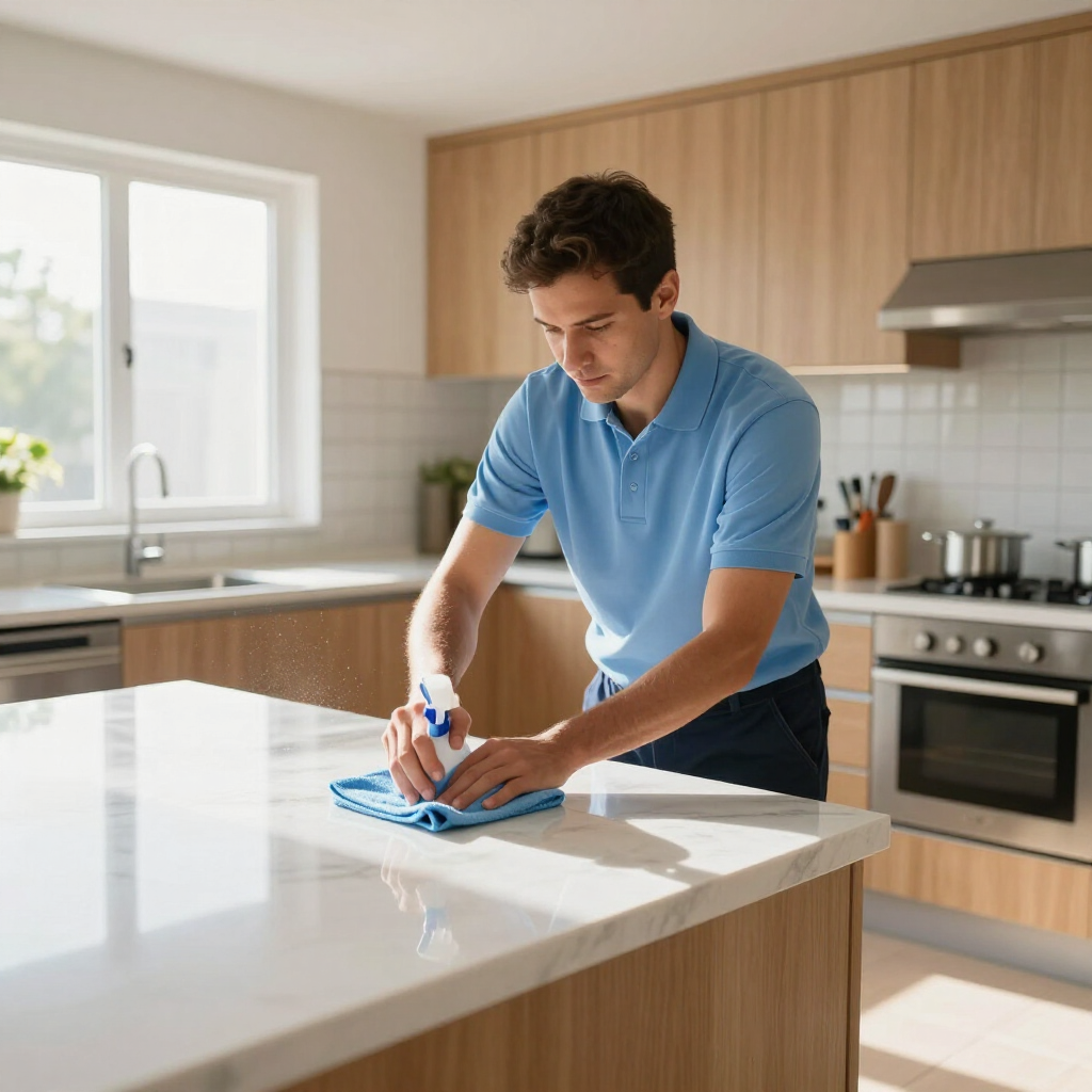 Man cleaning a kitchen island with a blue cloth in a bright modern kitchen