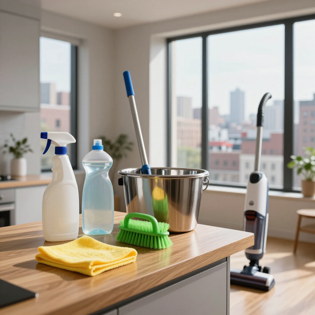 Cleaning supplies on a kitchen counter with a mop, spray bottles, bucket, sponge, and vacuum by a window.