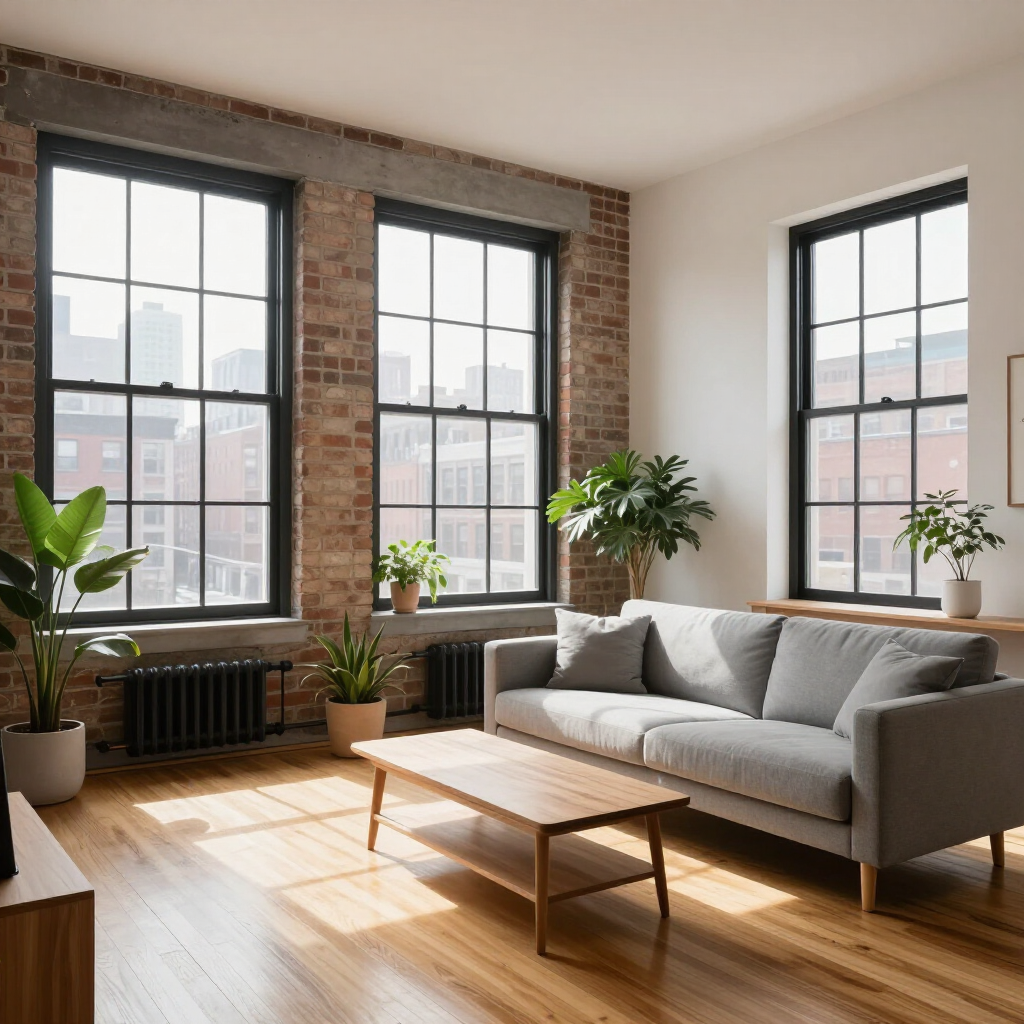 Bright living room with gray sofa, wooden coffee table, and large sunlit windows with plants