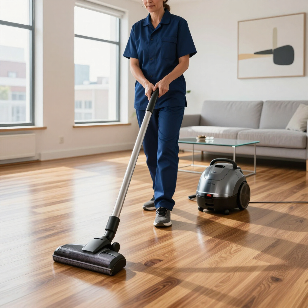 Person vacuuming a sunlit hardwood floor with a canister vacuum in a modern living room