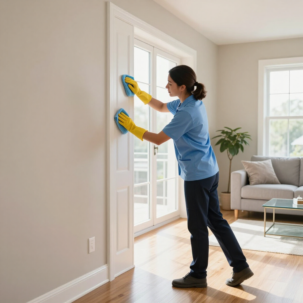 Person in yellow gloves cleaning glass doors in a bright living room
