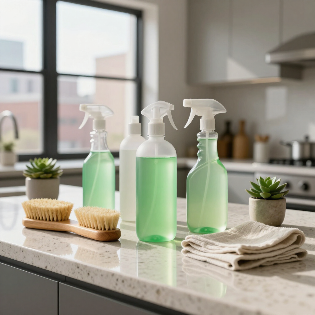 Green spray bottles and cleaning brushes on a kitchen counter beside folded towels and small plants.