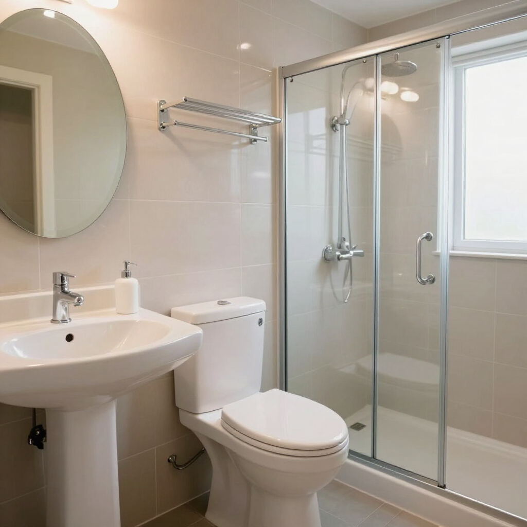 Modern bathroom with sink, toilet, and glass-enclosed shower beside a window