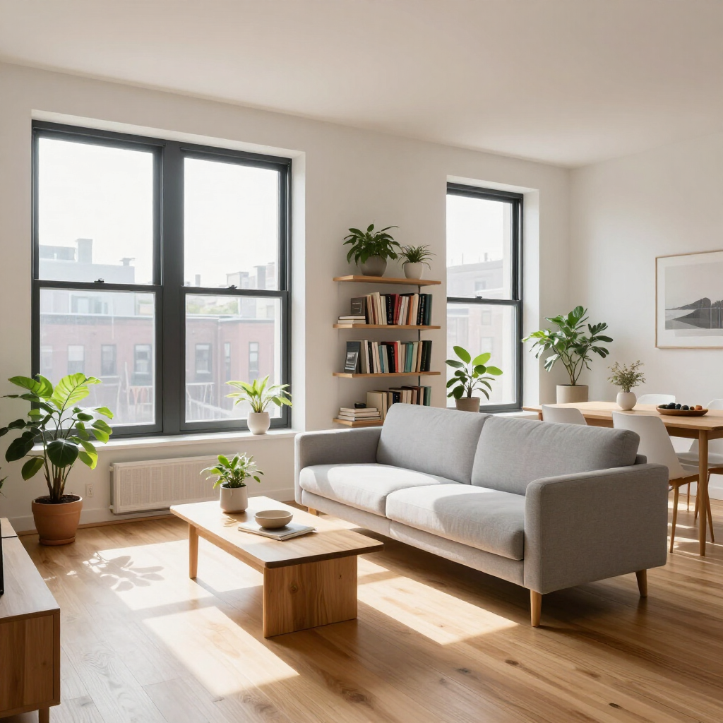 Bright living room with gray sofa, wooden coffee table, plants, shelves, and large sunlit windows.
