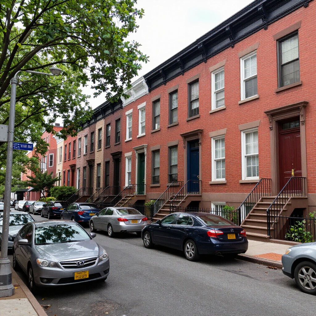 Tree-lined street with parked cars beside red brick row houses with stoops