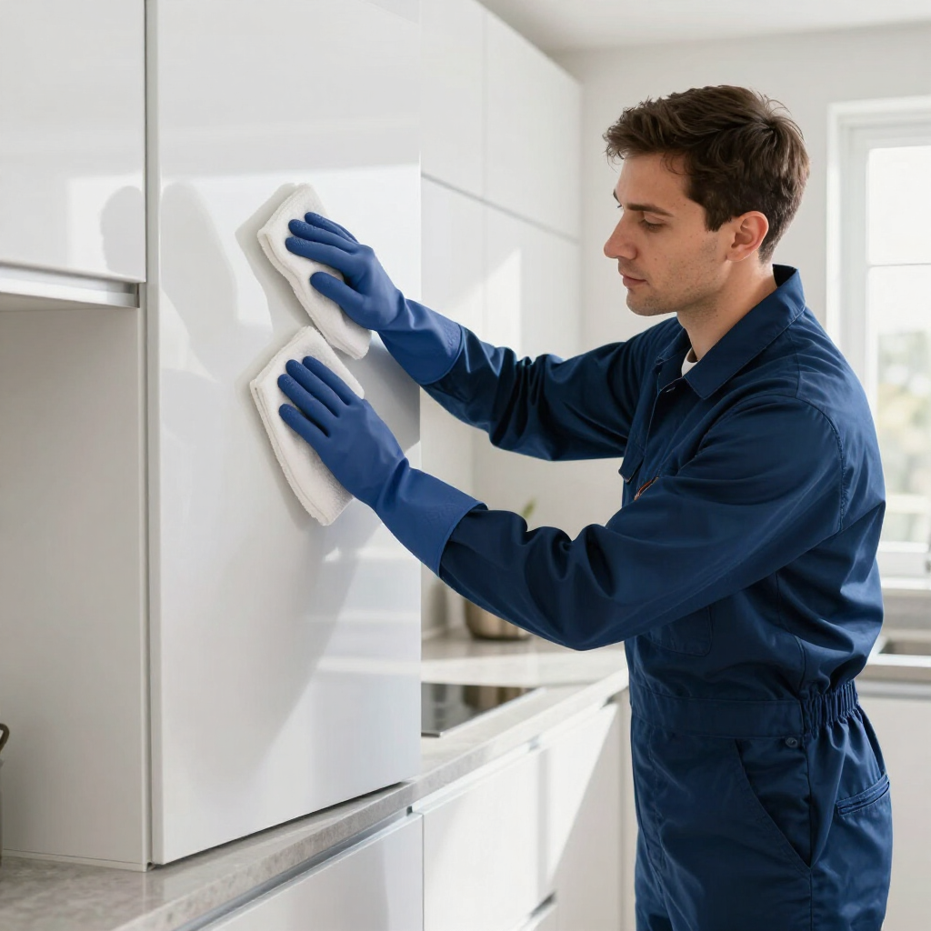 Person in blue coveralls cleaning a white kitchen cabinet with a cloth