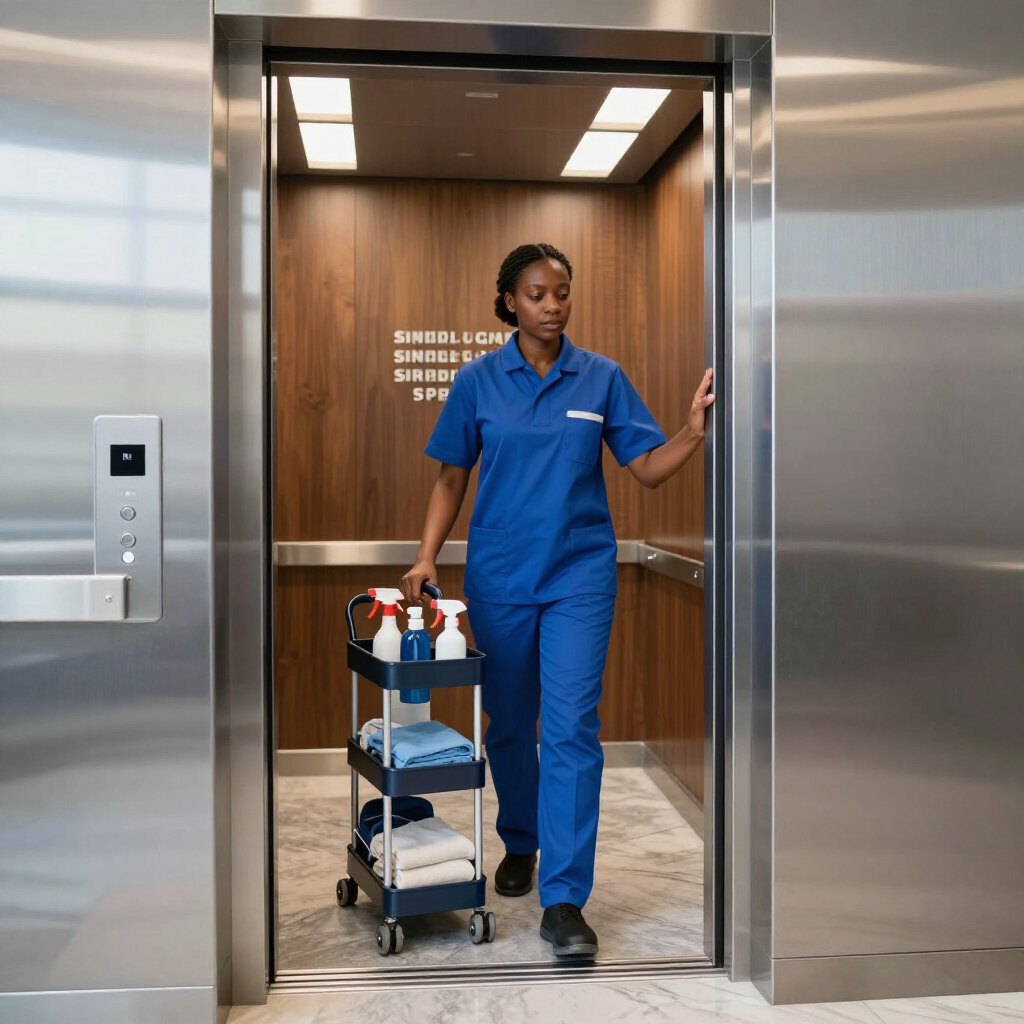 Cleaner in blue uniform pushing a supply cart out of an elevator in a hallway