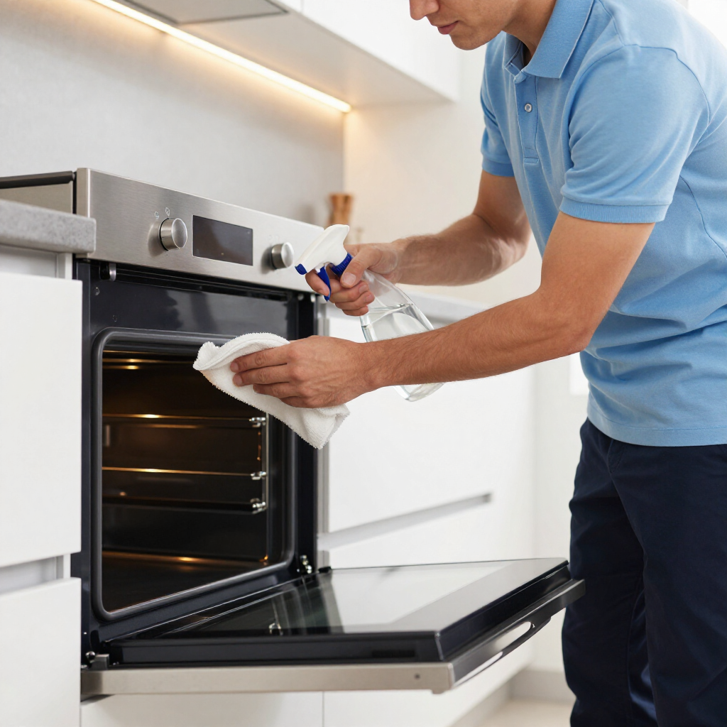 Person cleaning a built-in oven with a cloth and spray bottle in a modern kitchen