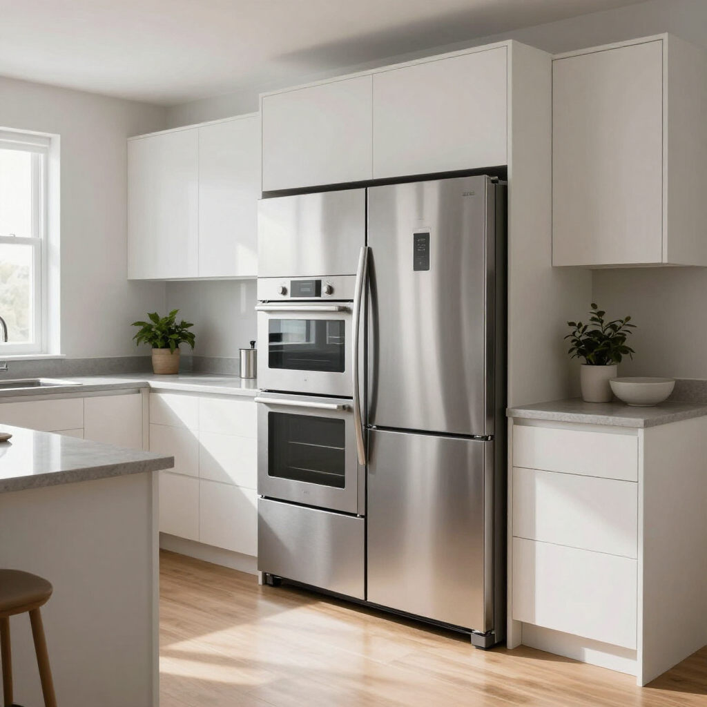 Modern kitchen with stainless steel appliances, white cabinets, and light wood flooring