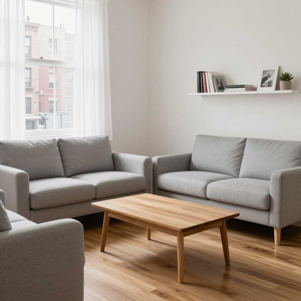 Minimalist living room with gray sofas, a wooden coffee table, and a shelf by a bright window.