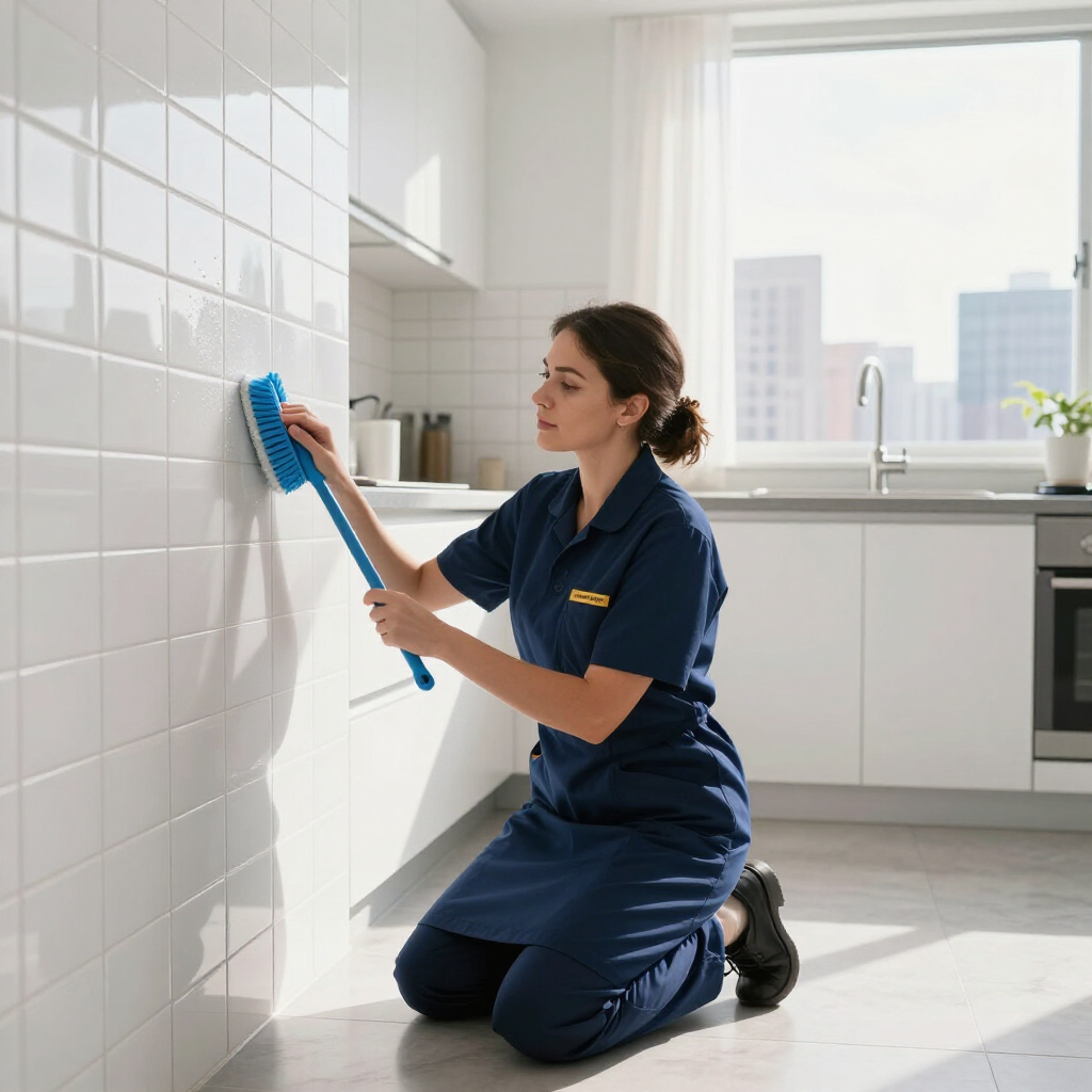 Person kneels cleaning white kitchen tiles with a blue brush in a bright modern kitchen