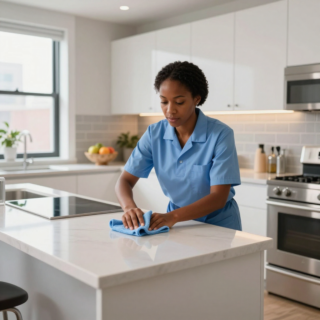 Person wiping a white kitchen island with a blue cloth in a bright modern kitchen