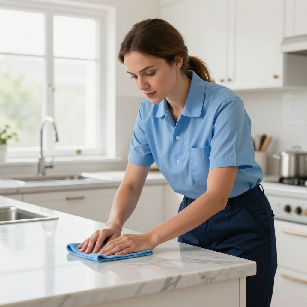 Person wiping a white kitchen countertop with a blue cloth in a bright, modern kitchen