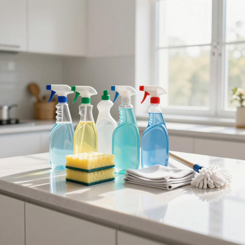 Cleaning supplies on a kitchen counter: colorful spray bottles, sponge, towels, and a duster by a sink