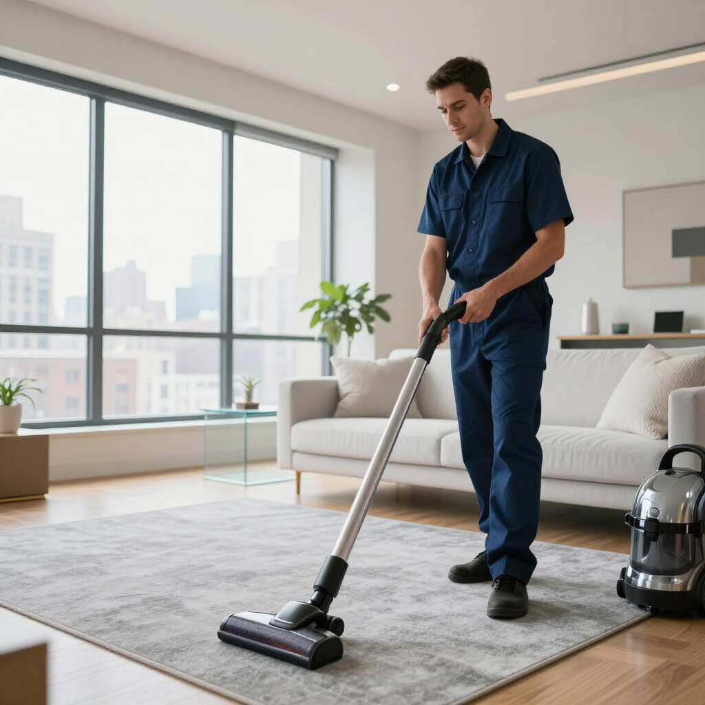 Person vacuuming a bright living room with a cordless stick vacuum