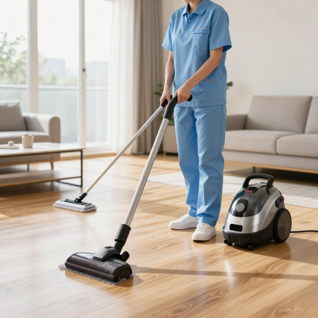 Person vacuuming and mopping a hardwood floor in a bright living room, with a vacuum nearby