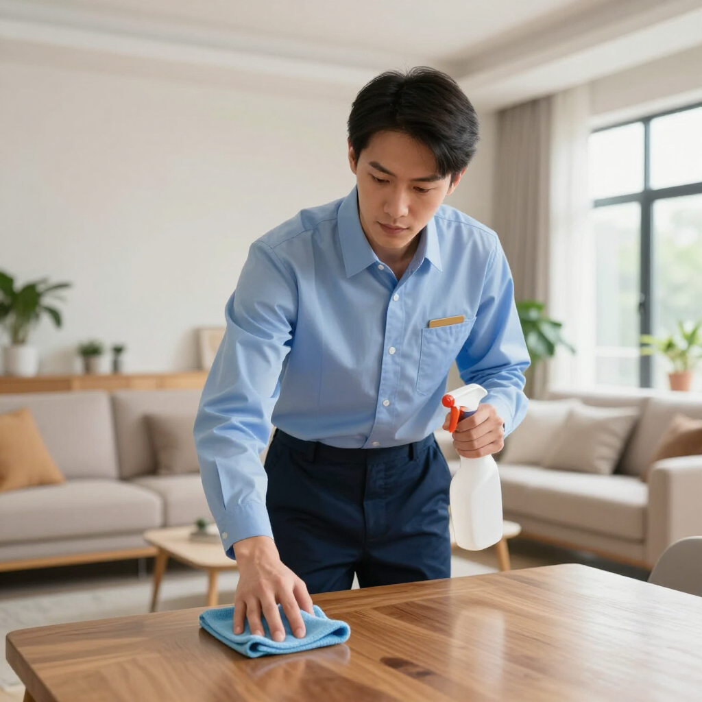 Man cleaning a wooden table with a cloth and spray bottle in a bright living room