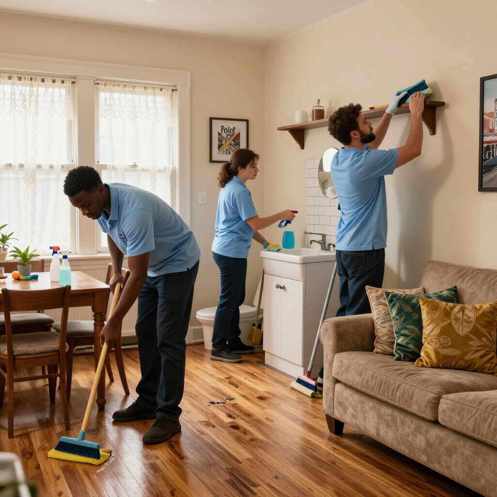 Three people cleaning a bright living room, wiping surfaces, sweeping floors, and dusting wall art.