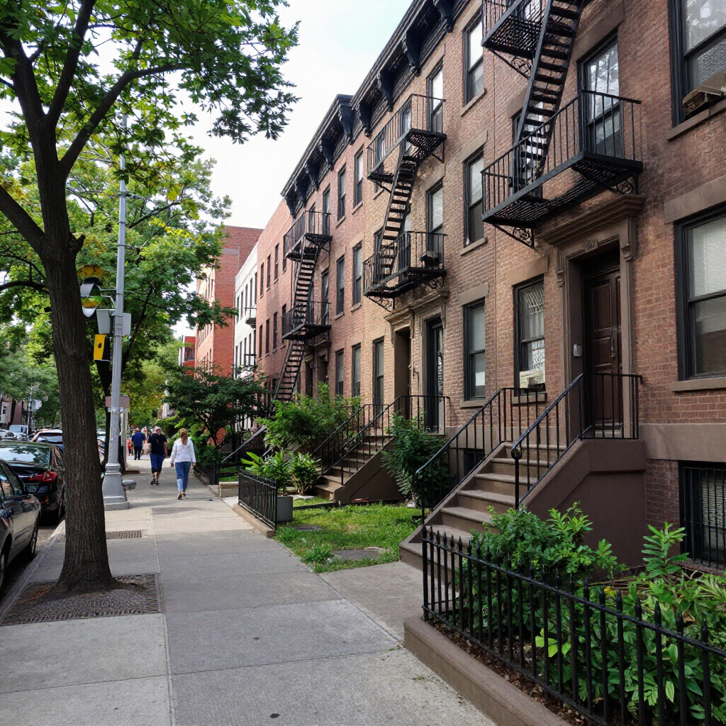 Tree-lined city sidewalk beside brownstone apartment buildings with stoops and black iron railings
