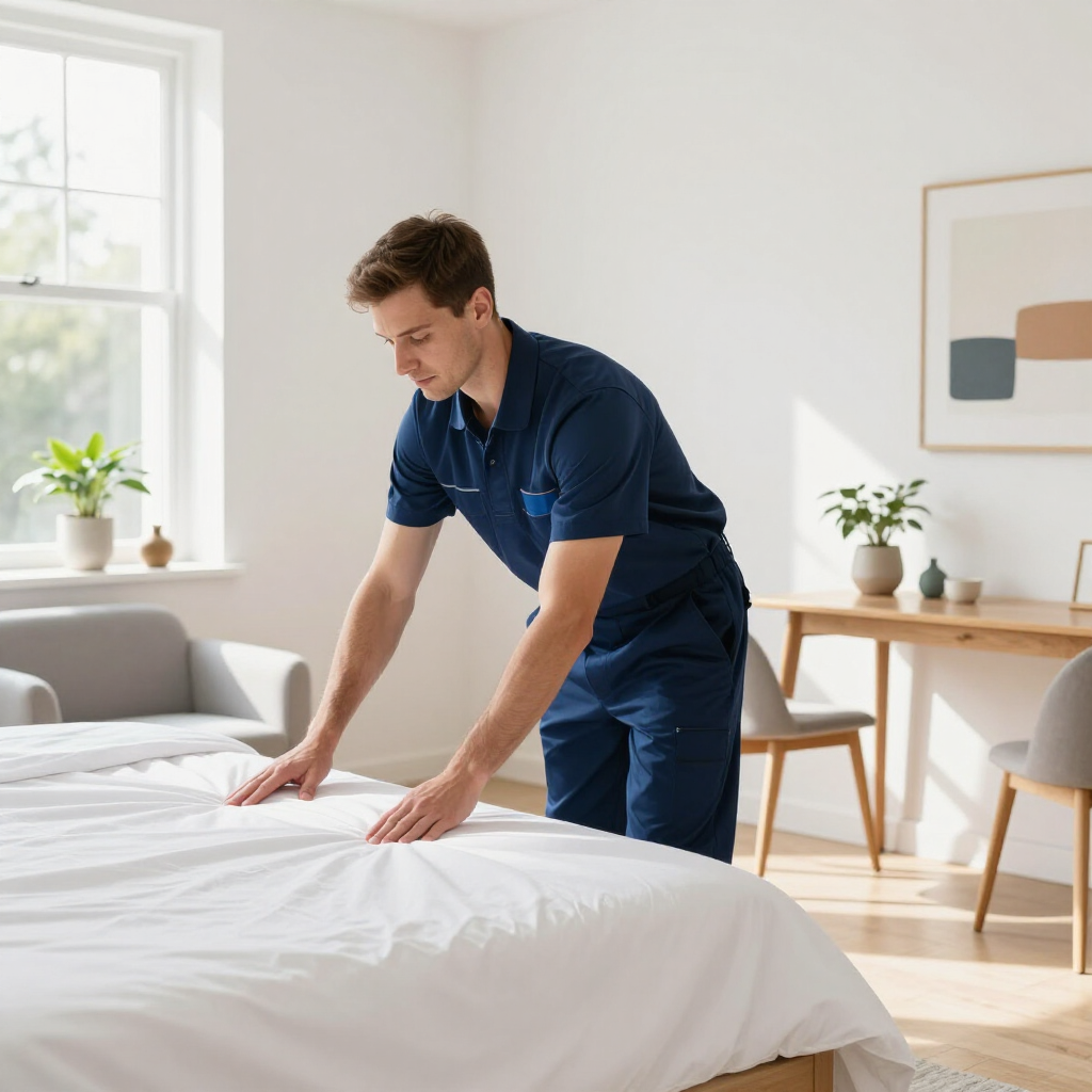 Man in navy uniform making a bed in a bright, tidy bedroom