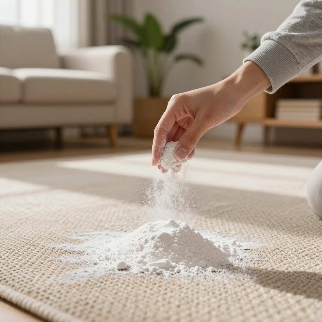 Hand sprinkling white powder onto a beige rug in a sunlit living room