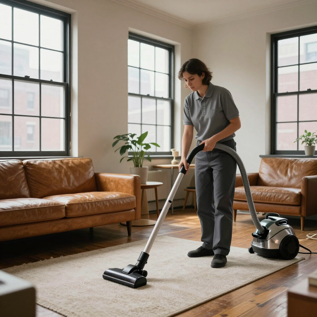 Person vacuuming a beige rug in a sunlit living room with leather sofas and large windows