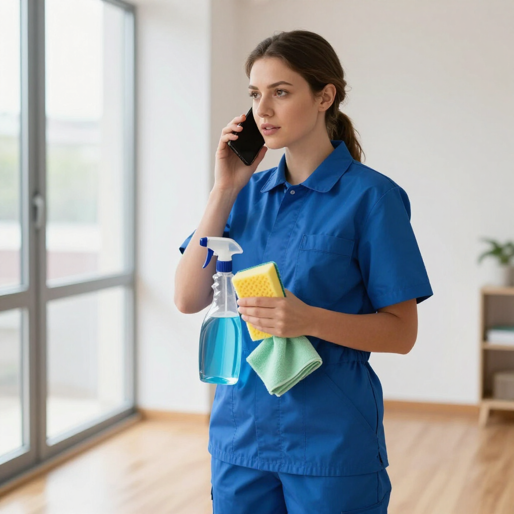 Cleaner in blue uniform cleaning with spray bottle and cloth while talking on phone in a bright room