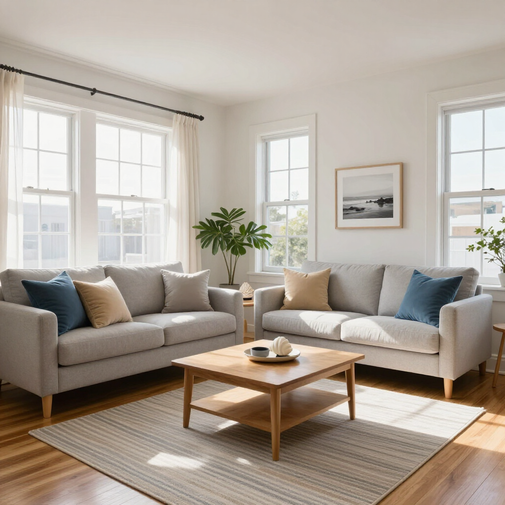 Bright living room with two gray sofas, wooden coffee table, large windows, and soft natural light