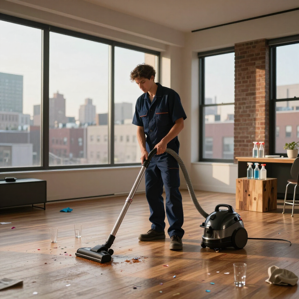 Person vacuuming a sunlit loft with large windows and city views