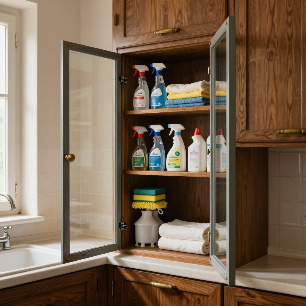 Open kitchen cabinet with cleaning spray bottles, sponges, and folded towels above a sink.