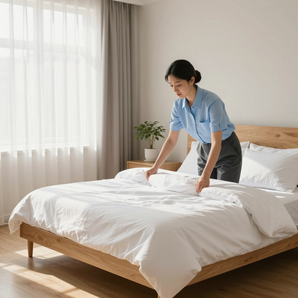 Person making a bed in a bright bedroom, smoothing white bedding on a wooden bed