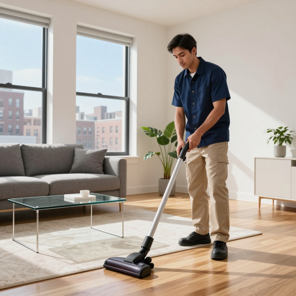Person vacuuming a bright living room with a cordless stick vacuum near a gray sofa and coffee table