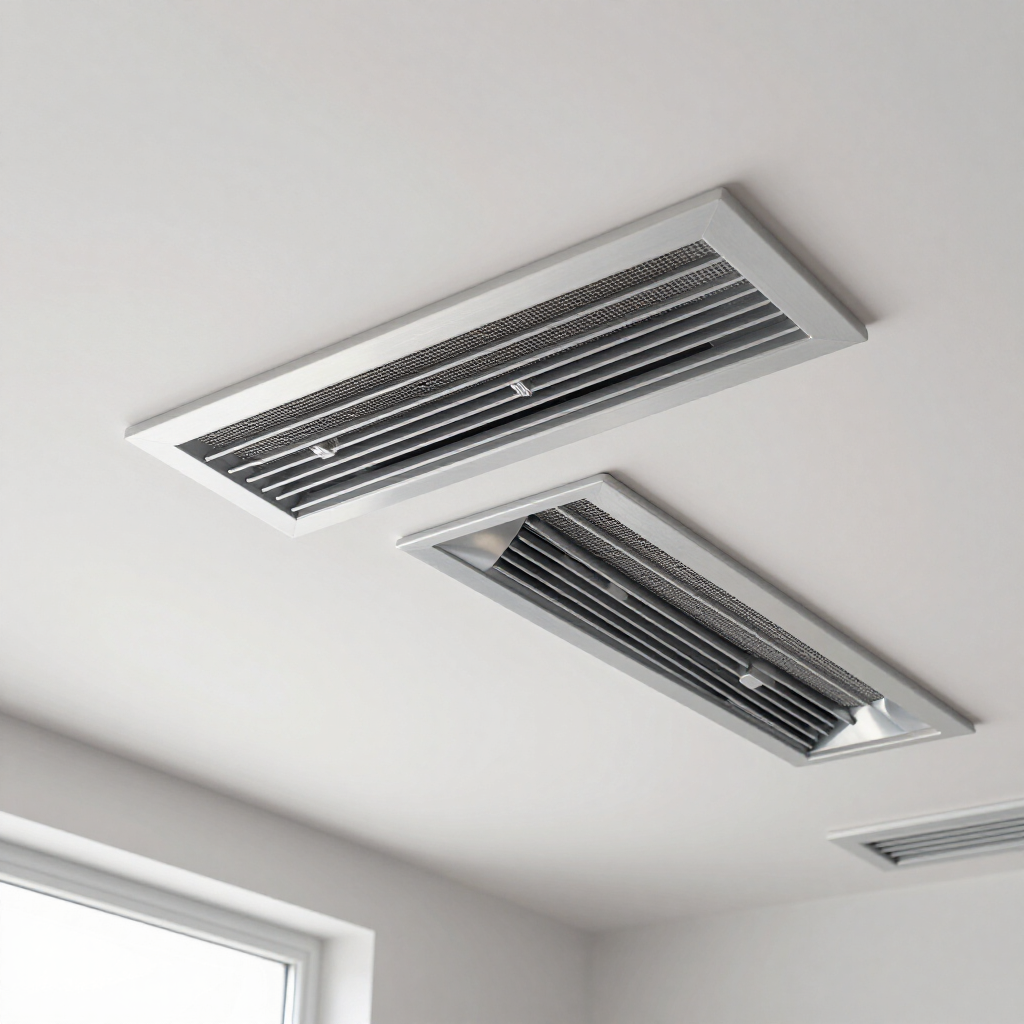 Ceiling vents in a white room, with a window at the lower left.