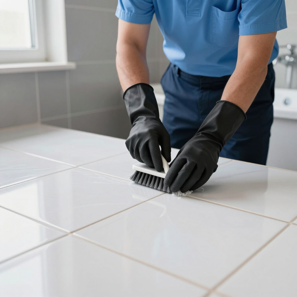Person in blue shirt scrubbing white tiled countertop with a brush and black gloves