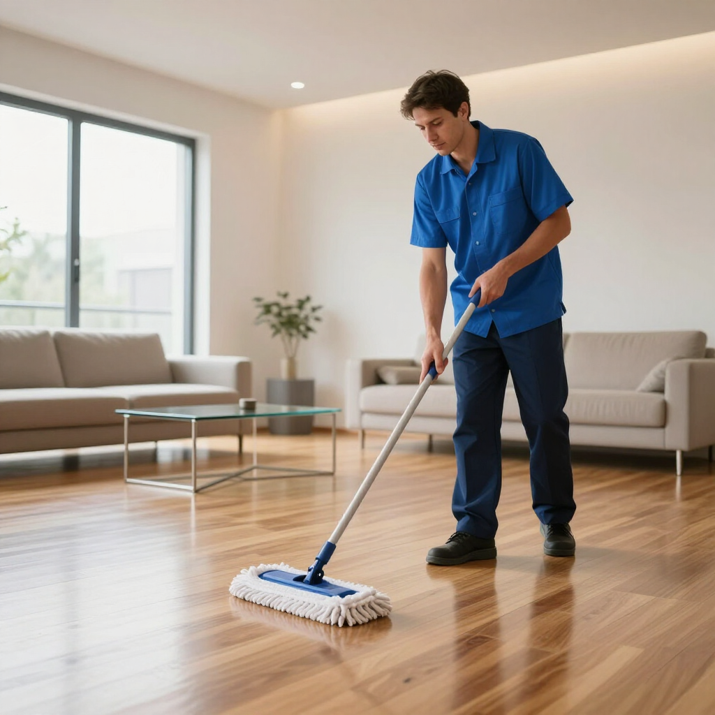 Person mopping a hardwood floor in a bright living room with beige sofas and a glass table