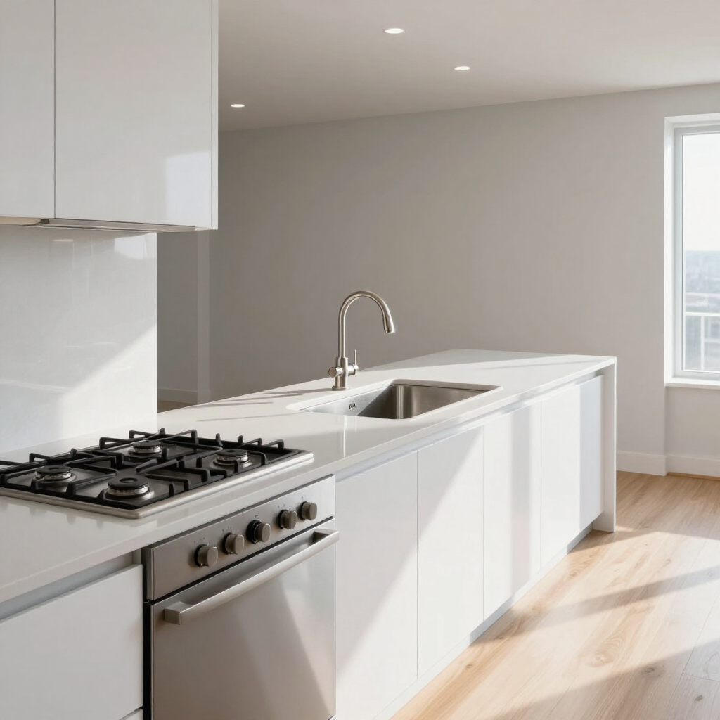 Bright modern white kitchen with gas stove, sink, and sunlight on wood floor