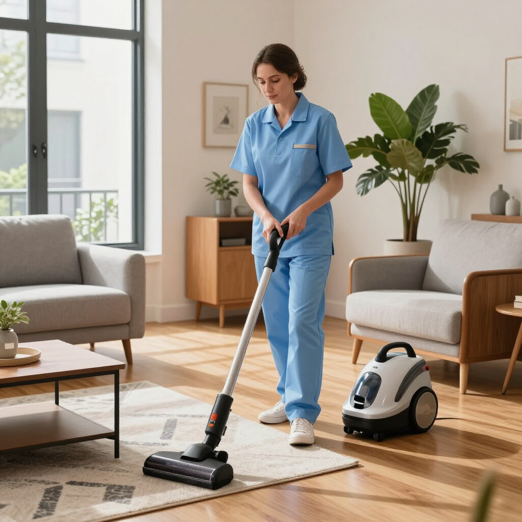 Housecleaner vacuuming a bright living room while a robot vacuum sits nearby