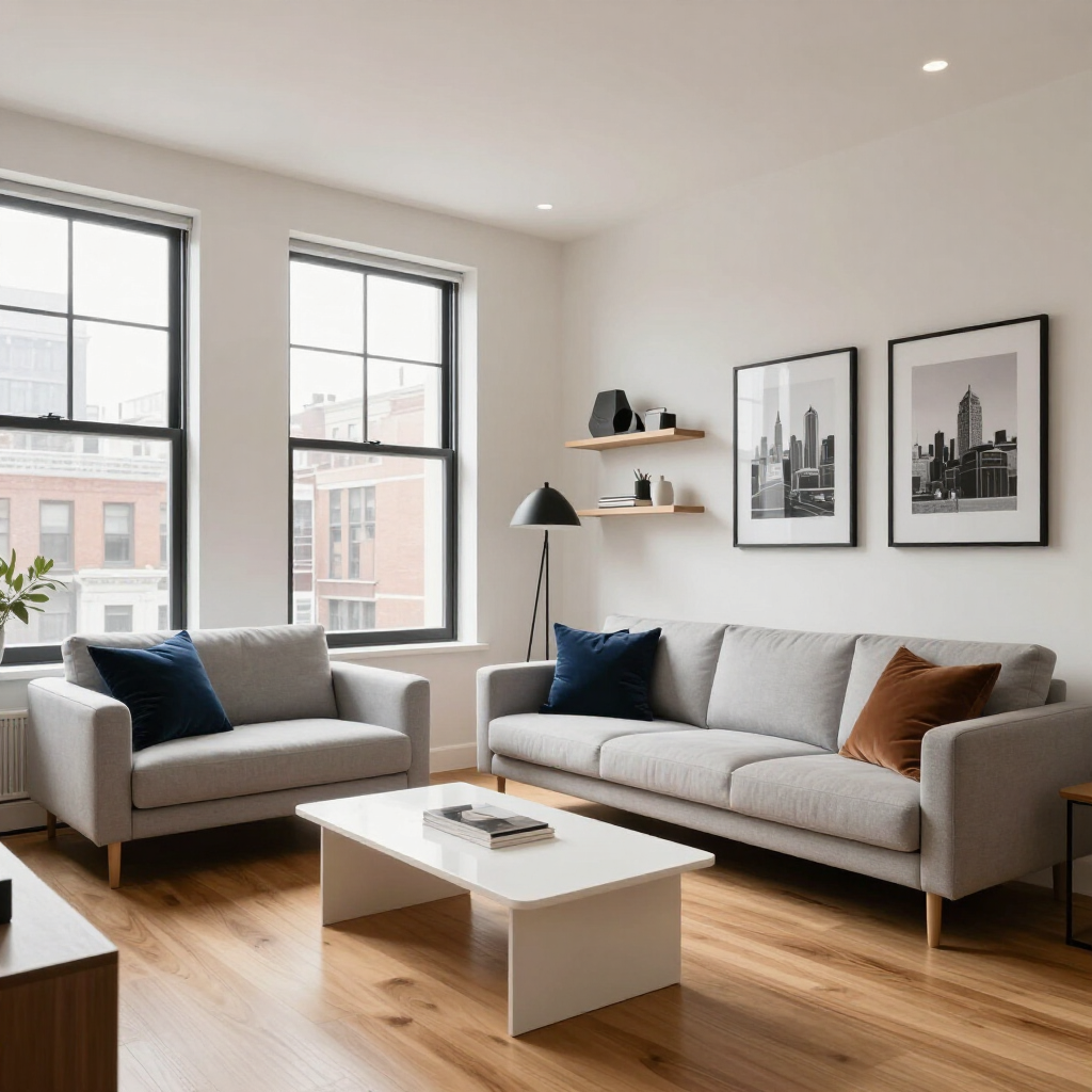 Bright living room with gray sofas, blue and orange pillows, coffee table, wall art, and large windows