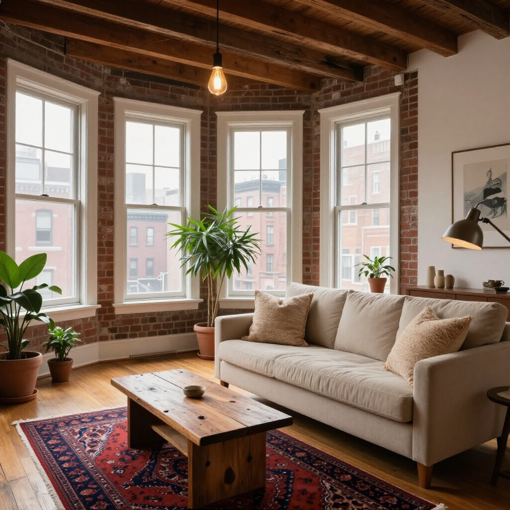 Bright living room with large windows, beige sofa, wooden coffee table, plants, and exposed brick walls