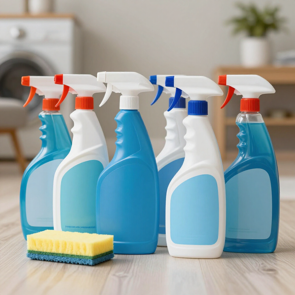 Assorted blue and white cleaning spray bottles with a sponge on a wooden counter.